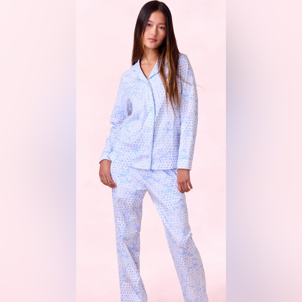 Roller Rabbit x LoveShackFancy Luna Bow Hearts Long Sleeve Polo Pajamas XL